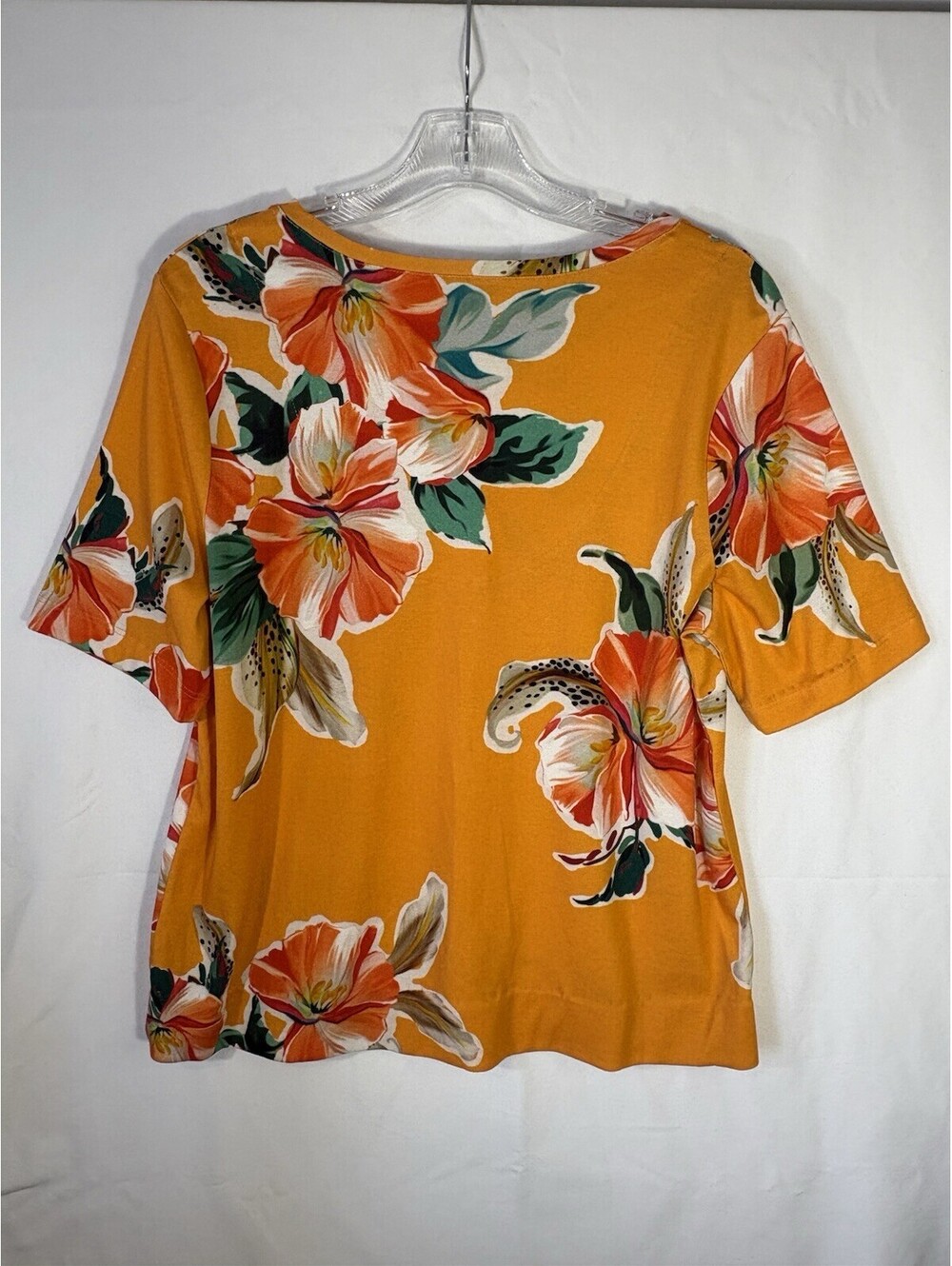 Chicos Shirt Womens 2 US L 12 Orange Tropical Floral Pima Cotton V Neck Top - Picture 4 of 6